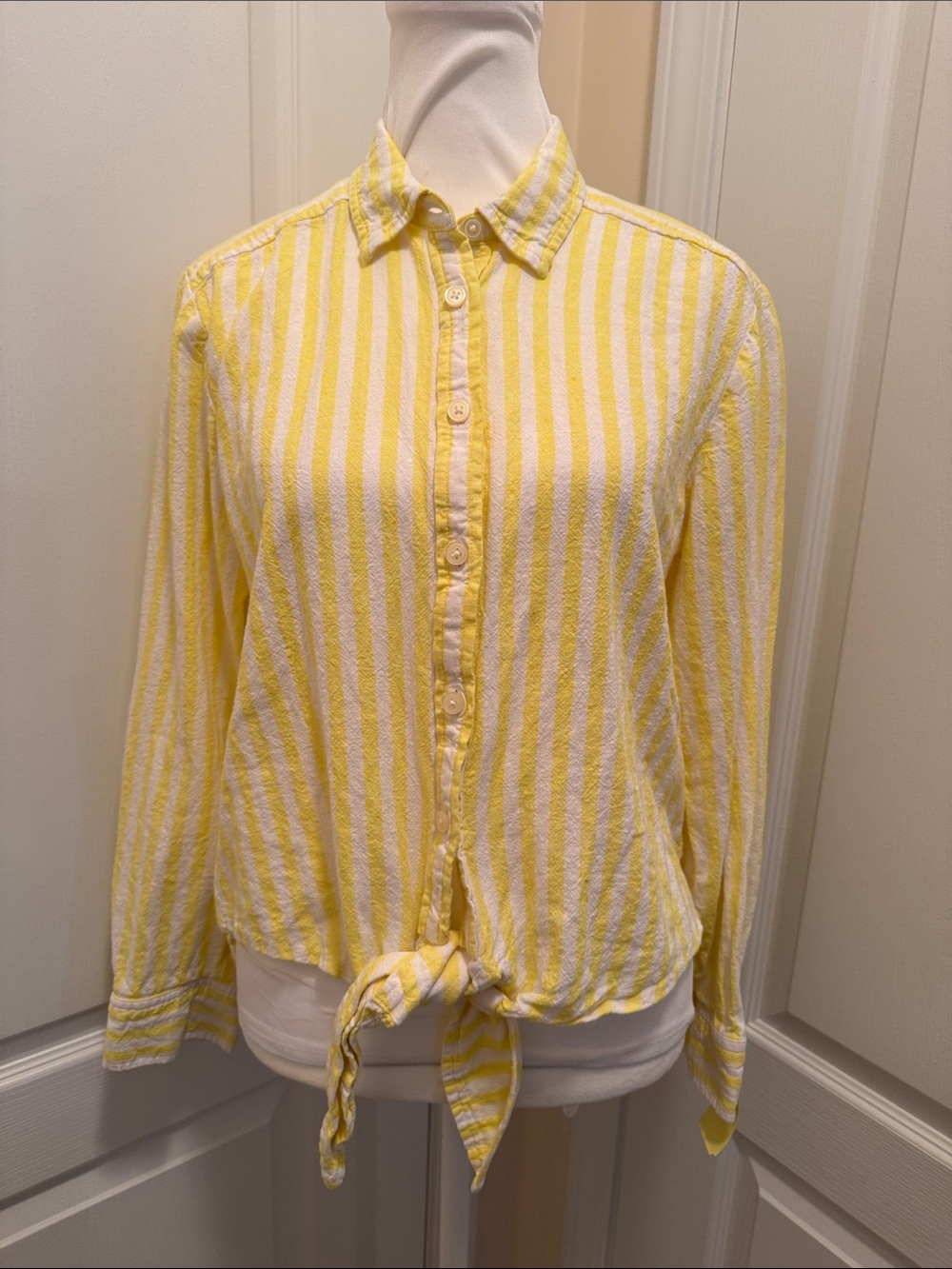 LOFT Yellow and White Striped Tie-Front Button-Down Shirt - Women’s S